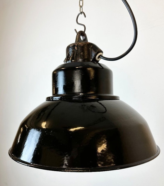 Image 1 of Industrial Black Enamel Factory Lamp with Cast Iron Top, 1960s