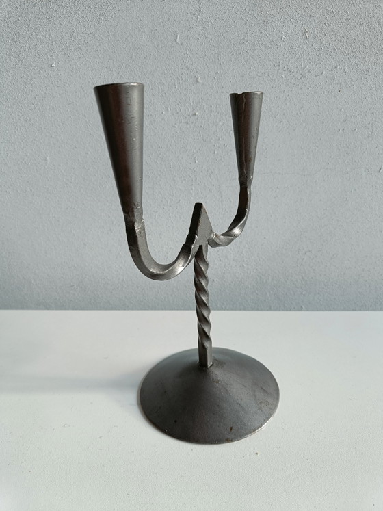 Image 1 of Hand-forged brutalist steel candlestick – double candle holder – artisan wrought iron
