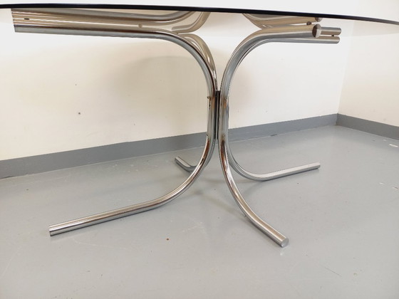 Image 1 of Vintage oval dining table in smoked glass and chrome metal, Space Age style, from the 70s