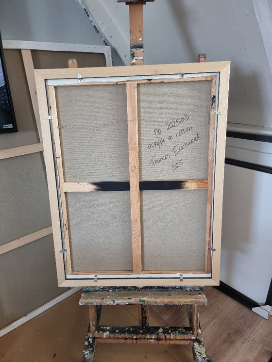 Image 1 of Frances Eckhardt – 70 x 90 cm, handgemaltes abstraktes Gemälde, modern, zeitgenössisch, grün, gelb, schwarz, weiß