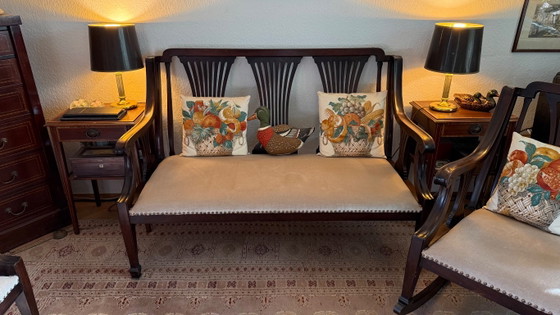 Wooden Seating Group with Light Upholstery, Three-Piece, Couches, Textile, Brown, Art Nouveau (photo 3 of 5)