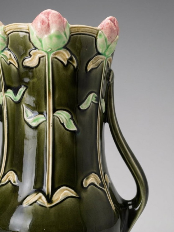 Art Nouveau Vase with Roses – Gustave De Bruyn – 25 cm – Ceramic (photo 6 of 9)