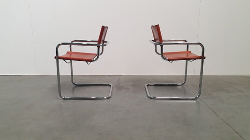 Fasem italy 70s vintage stoelen cognac tuigleer, mart stam breuer