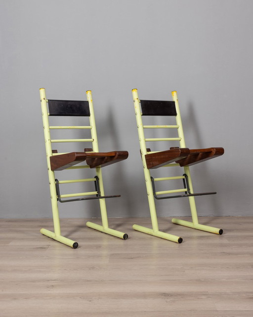 Pair Of Vintage 70S Stools In Iron And Wood Italian Design