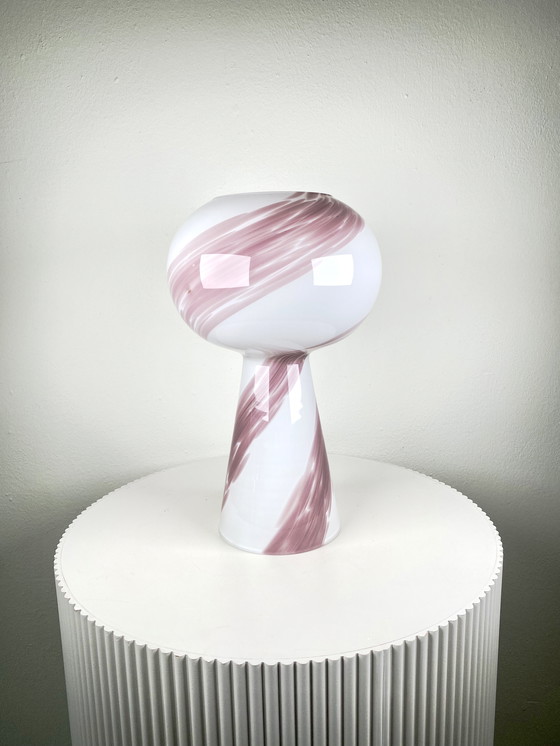 Image 1 of Vintage Murano Glass Mushroom Globe Medium-Size Table Lamp in White Opaline with Light Rose Pink Swirl