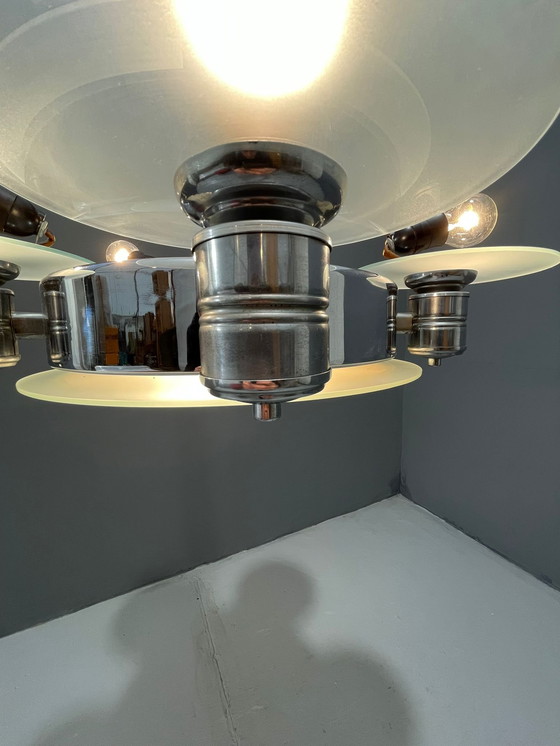 Image 1 of 1930s Art Deco Chrome Chandelier with Frosted Glass Disc Shades – Czech Vintage Lighting