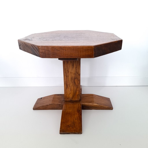 Vintage brutalist oak side table octagonal