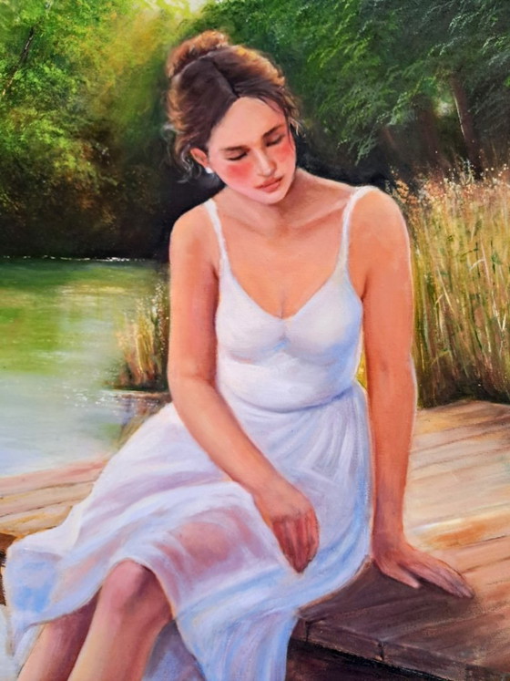 David KANDELAKI - Woman sitting on the pier - Artist's Painting, Paintings & Drawings, Canvas, Other, Green (photo 3 of 11)
