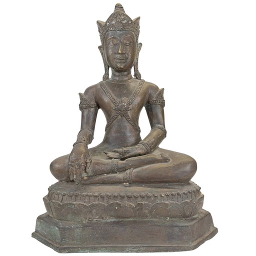 Buda coronado de bronce antiguo, Tailandia o Laos, siglo XIX