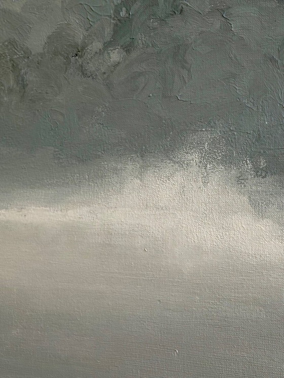 Image 1 of Large, serene landscape with mist, water, and reeds | title: 1103 | 80 x 80 cm