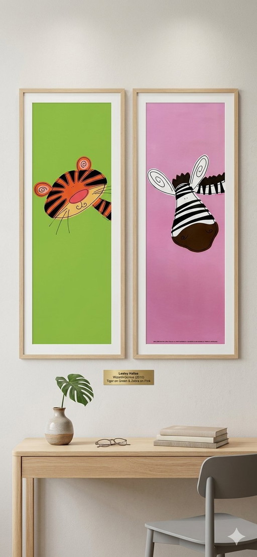 Par de carteles litográficos de Lesley Hallas (2010) - Cebra y Tigre

