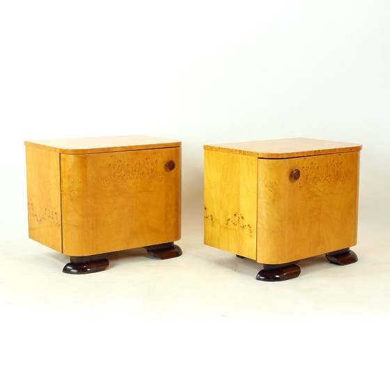 Image 1 of Art Deco Bedside Tables In Root Veneer, Czechoslovakia 1940s