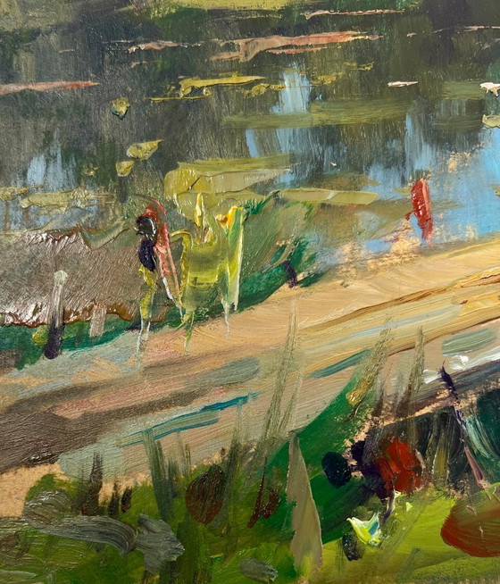 Image 1 of Peinture à l'huile originale représentant un paysage fluvial estival avec un bateau dans une scierie