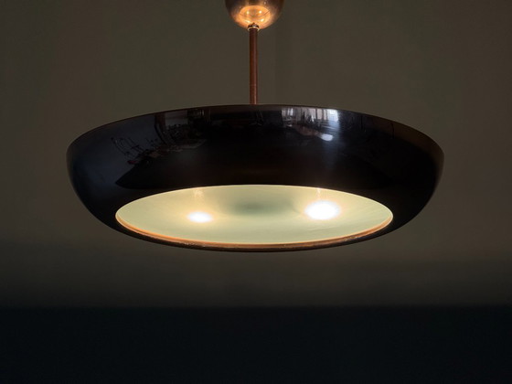 Image 1 of Bauhaus-Kronleuchter in UFO-Form aus Kupfer von Josef Hurka, 1930er Jahre