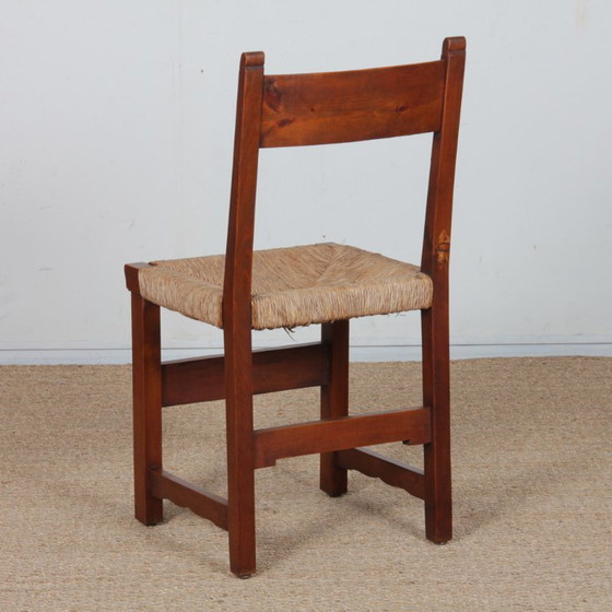 Image 1 of Set of 6 straw-seated wooden chairs, French work, 1950
