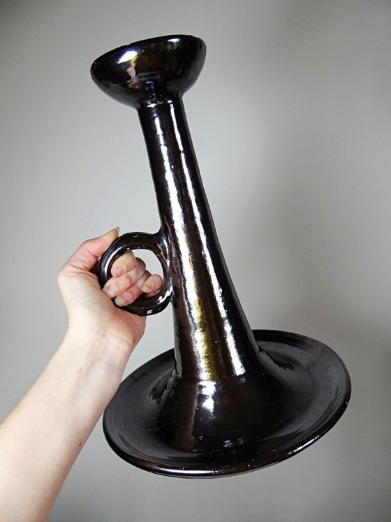 Image 1 of Grote Biot-kandelaar van zwart geglazuurd aardewerk, voorheen een lampvoet, jaren 60.