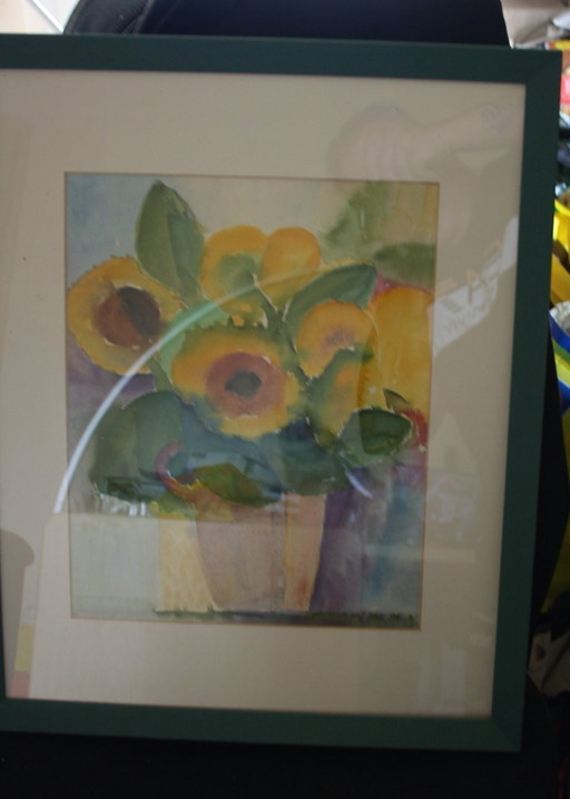 Aquarelle originale - Tournesols dans un pot - encadré