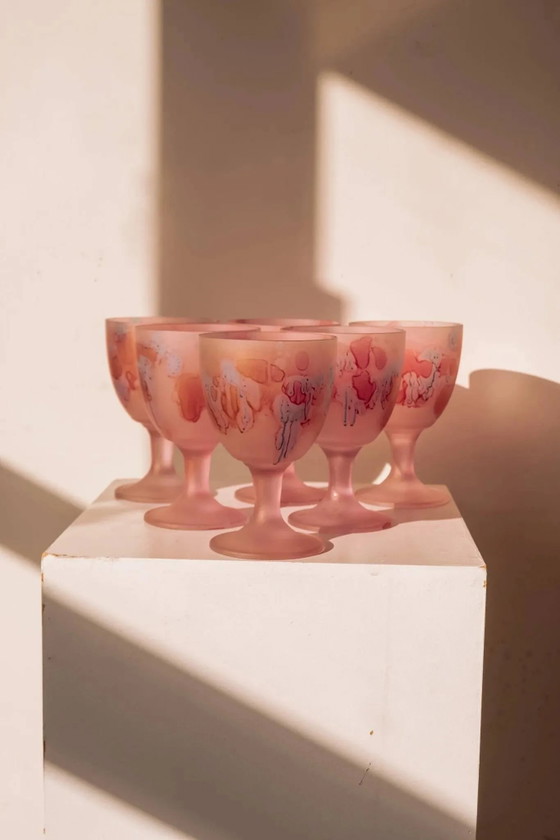 Handbemalte mattrosa Weingläser, 6er-Set – Gläser & Karaffe, Kristall, Glas, Vintage (photo 9 of 9)