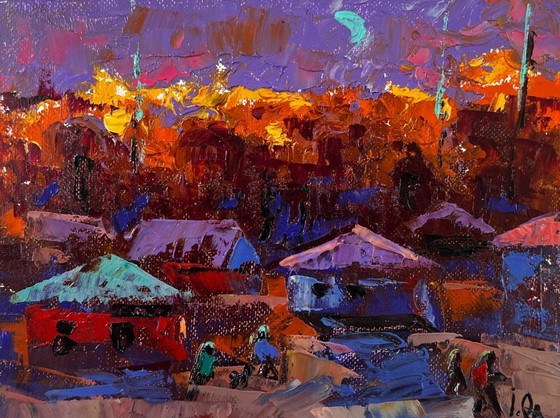 Image 1 of Peinture à l'huile originale représentant un paysage de village nocturne sous la lune