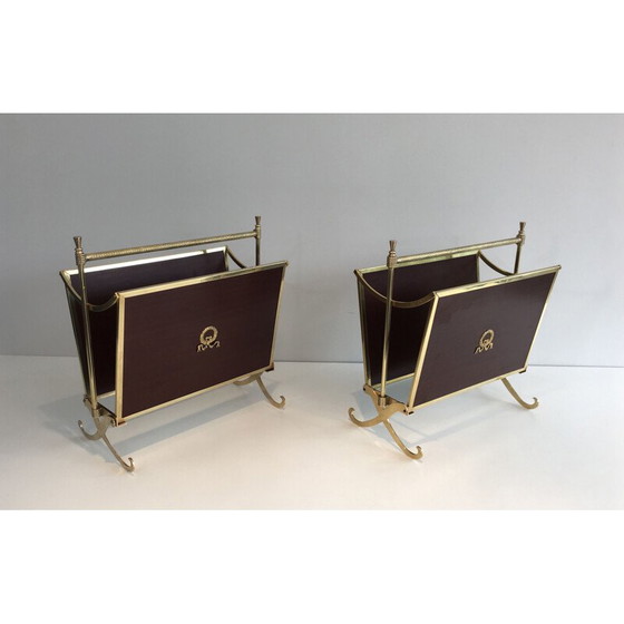 Image 1 of Pair of vintage neoclassical mahogany and brass magazine racks, 1940