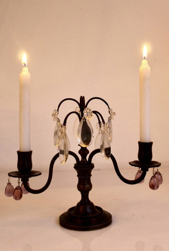 Image 1 of Girándula francesa, siglo XIX, bronce y cristal.