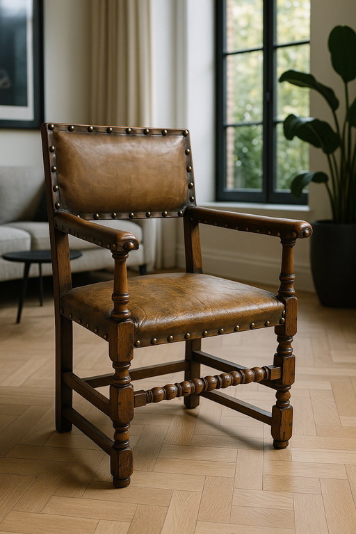 🪑 Poltrona vintage in rovere con rivestimento in pelle originale (1920-1950)