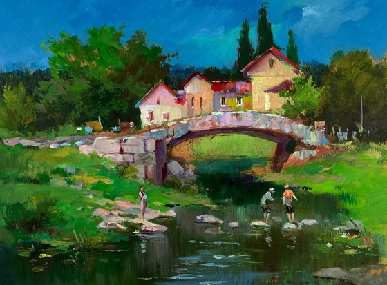 Image 1 of Original Oil Painting Village Bridge Landscape Relaxing by the river on a summer day