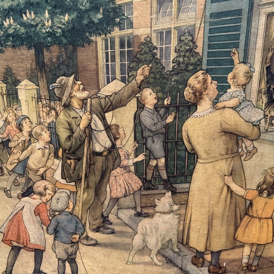 Image 1 of Large school plate Cornelis Jetses (1932) - J.B. Wolters Groningen-Djakarta - 73×103 cm - with wooden cane