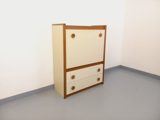 Vintage secretair bureau/opbergmeubel van eikenhout en gebroken wit melamine uit de jaren 70.