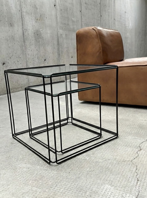 Image 1 of MAX SAUZE “ISOCELE” TAVOLINI SET DI 2 METALLO VETRO NERO FRANCIA ANNI '70