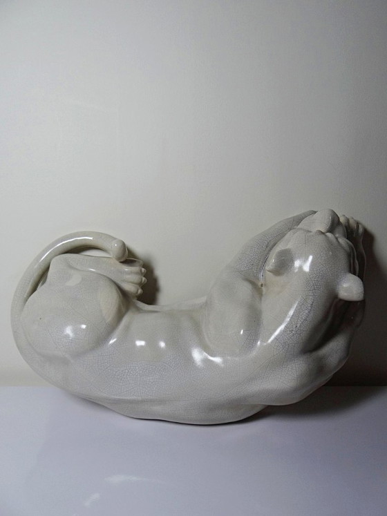 Image 1 of Grote liggende panter van gebarsten aardewerk, vintage jaren 1960-1980.