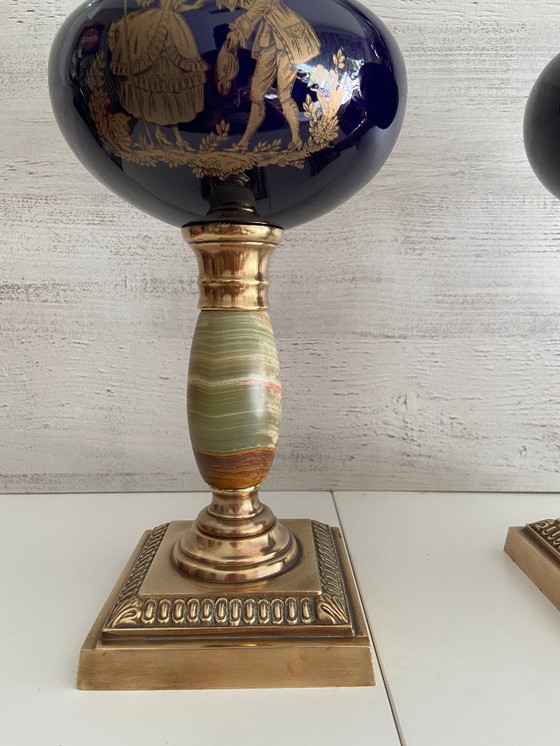 Image 1 of Duo di lampade a olio da salotto Inizio XX secolo Bronzo Terracotta Rame Giallo Cristallo