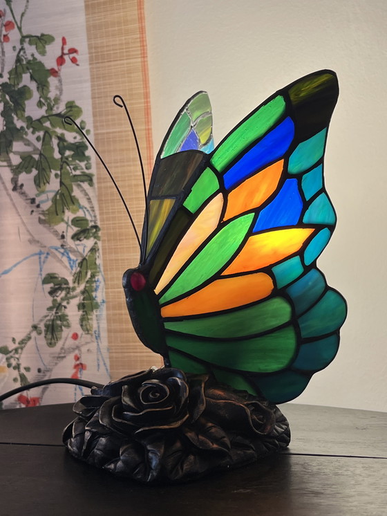 Image 1 of Set of 2 Stained Glass Table Lamps Butterfly Lamps