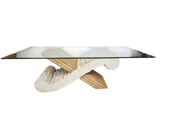 Image 1 of Tavolino da caffè vintage in travertino e bambù con vetro sfaccettato, anni '70