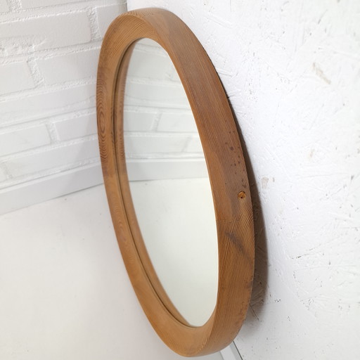 Vintage round wooden mirror 1970s mid-century modern design