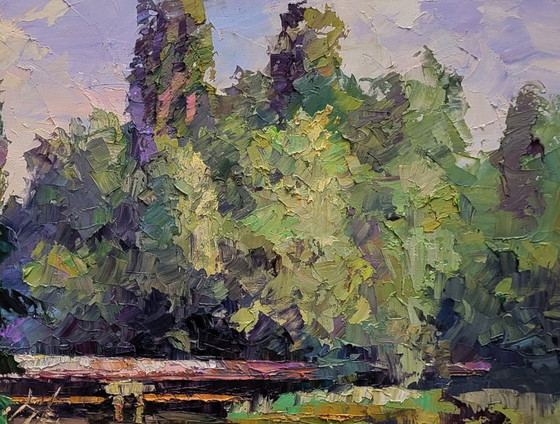 Original Oil Painting Summer Nature Landscape Bridge Alone With The River – Paintings & Drawings, Canvas (photo 5 of 7)