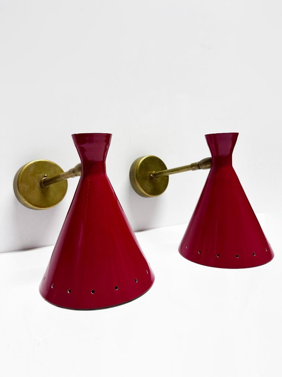 Coppia di Applique italiane di design 1950, Ottone, Rosso (foto 6 di 11)