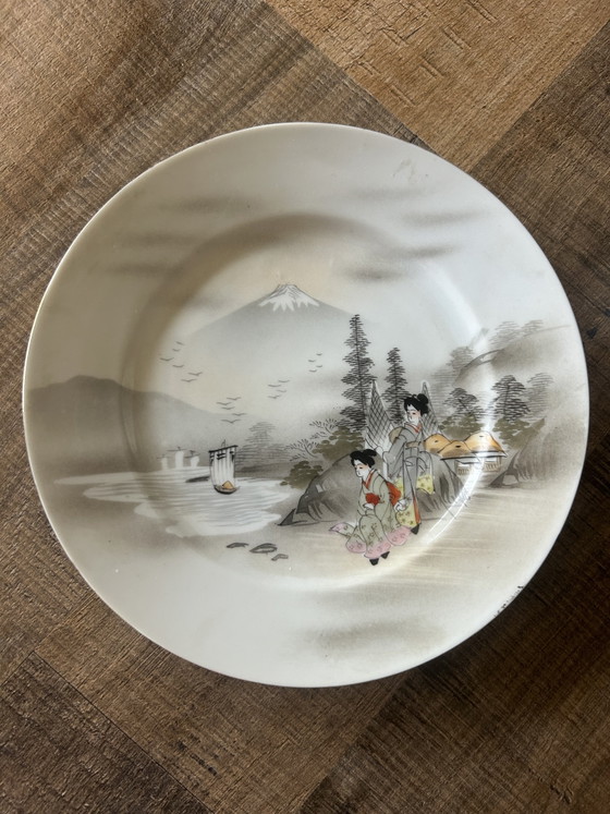 Set Vintage Giapponese Kutani Geisha Ware: 4 Piatti e Zuccheriera, Porcellana Guscio d'Uovo Mount Fuji, Anni (photo 2 of 10)