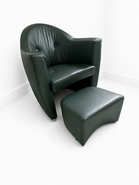 Fauteuil Leolux Carabita avec repose-pieds en cuir vert foncé – Leather, Metal (photo 3 of 8)
