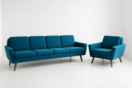 Image 1 of Vintage Mid century Deens 4 zits design bank en bijpassende fauteuil 