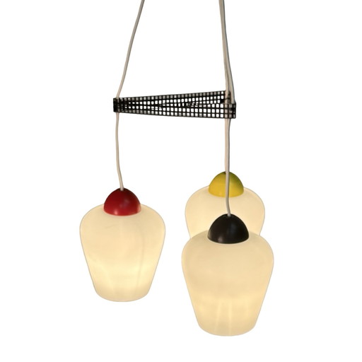 Vintage 50’s MCM Hanging pendant - Frosted / semi translucent white glass and multi color top - Attr. Louis Kalff / Phillips - s