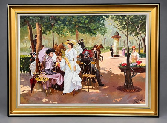 "Nel parco" Dipinto a olio belga firmato., Dipinti e disegni, Tela, Mid Century Modern (foto 2 di 8)