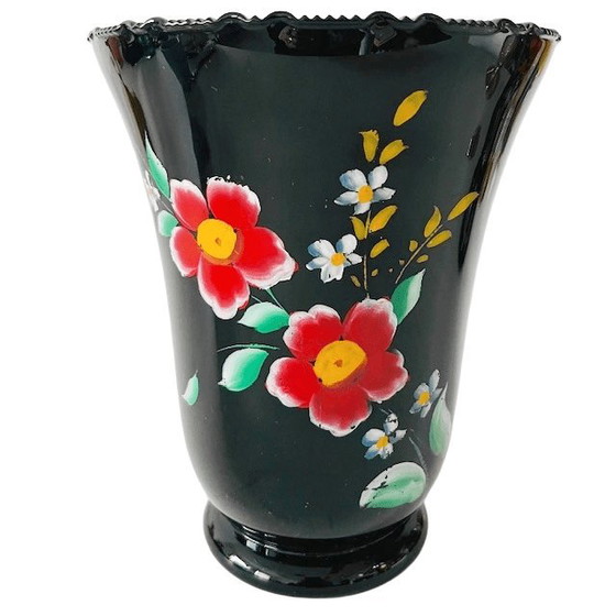 Image 1 of Grand vase en verre hyalithe orné de fleurs noires, années 1950