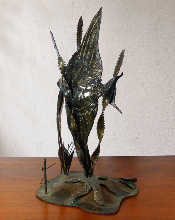 Image 1 of Large brutalist sculpture of an angelfish made of welded metal, circa 1970