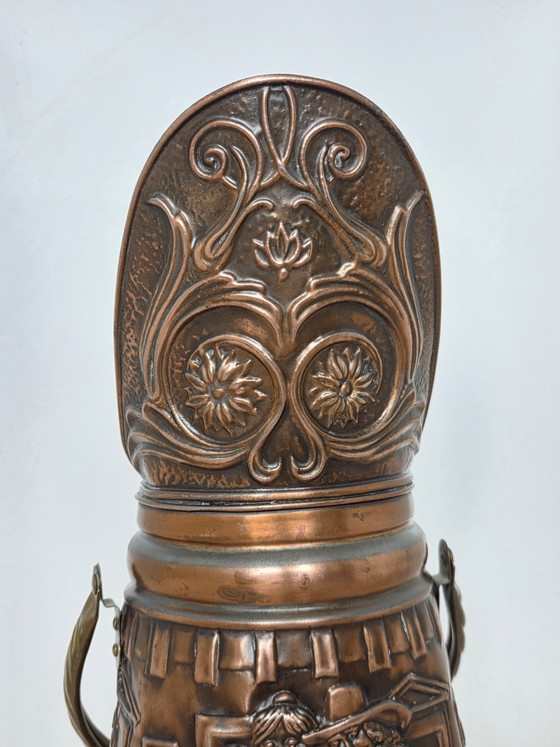 Vintage Nederlandse paraplubak/kolenkit van koper en messing met reliëf – Copper, Brass (photo 3 of 15)