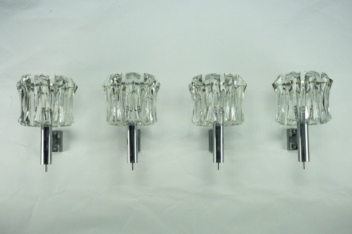 Set of four large Murano glass elements and chromed brass sconces, Italy 1960s.