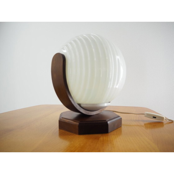 Image 1 of Vintage round table lamp in wood and glass, Czechoslovakia 1970