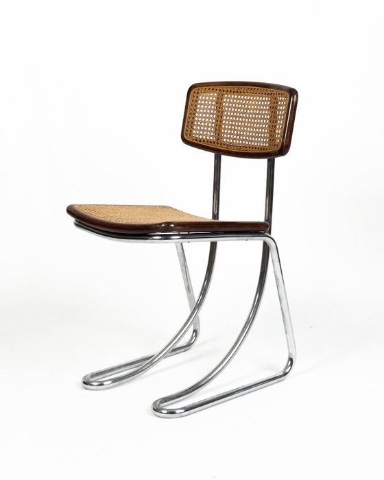 Image 1 of Set van 4 vintage cantileverstoelen in chroom, hout en Weens riet, jaren 70.