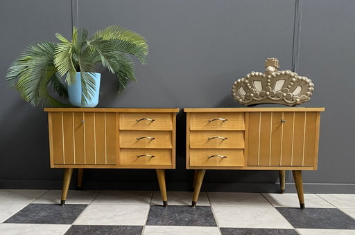 set night stands wood and glass top 1960s