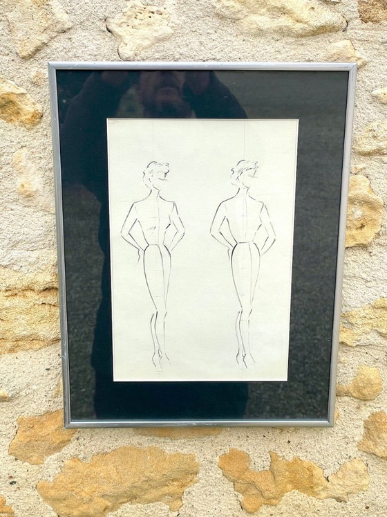 Image 1 of Schizzi a matita vintage, firmati e incorniciati, di Berthe Duquaine, del 1951.